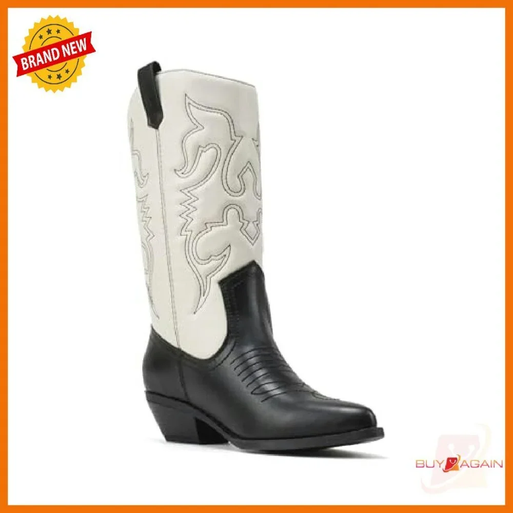 Women's Western Stitched Pointed Toe Low Heel Ankle Boots Slip On - Picture 5 of 6
